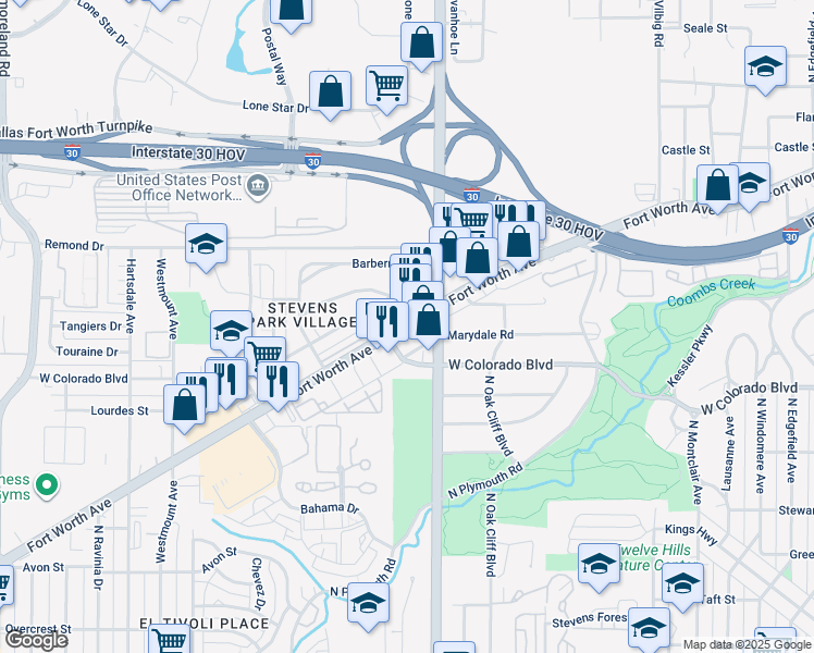 map of restaurants, bars, coffee shops, grocery stores, and more near Fort Worth Avenue in Dallas