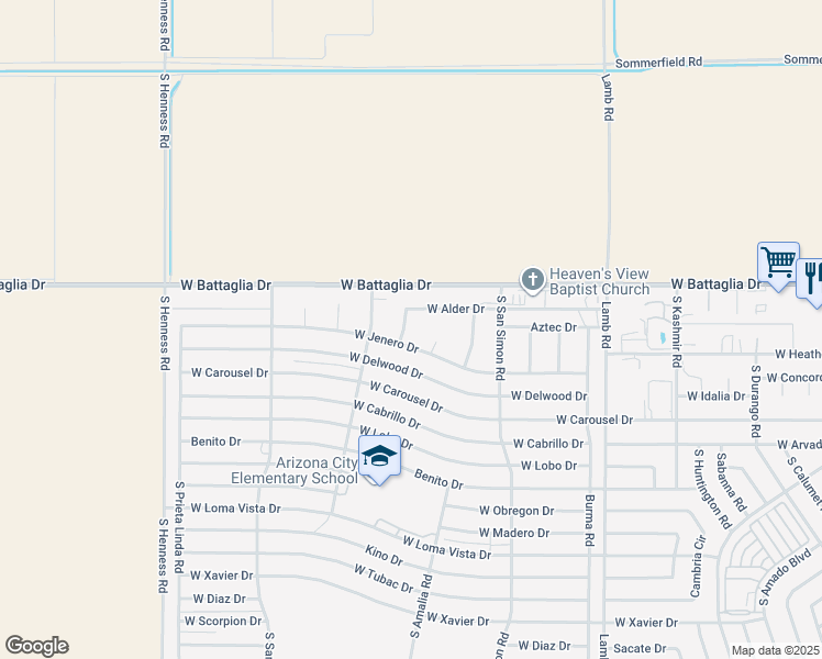 map of restaurants, bars, coffee shops, grocery stores, and more near 11951 West Alder Drive in Arizona City