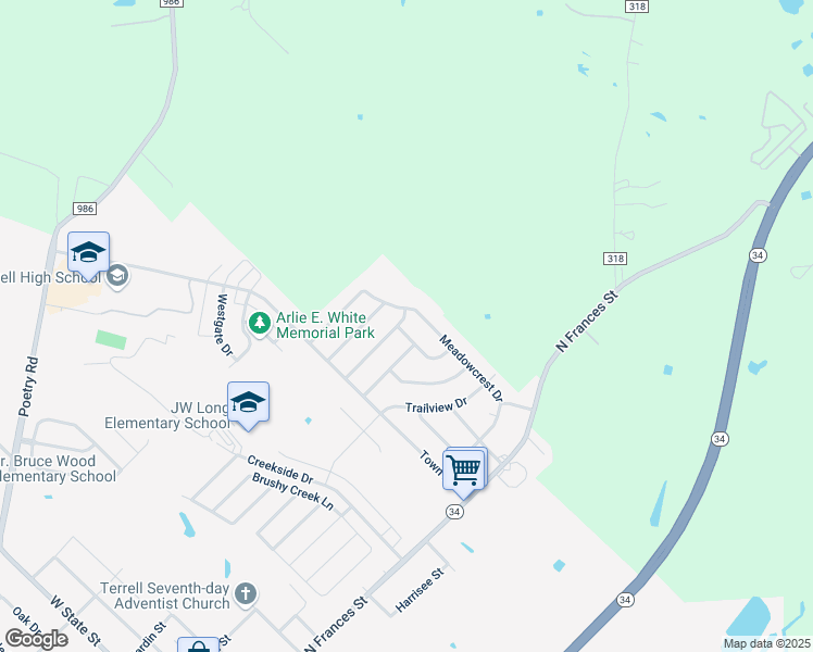 map of restaurants, bars, coffee shops, grocery stores, and more near 1828 Ridgecrest Drive in Terrell
