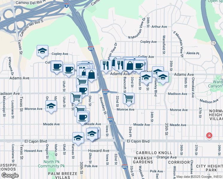 map of restaurants, bars, coffee shops, grocery stores, and more near 4615 Iowa Street in San Diego