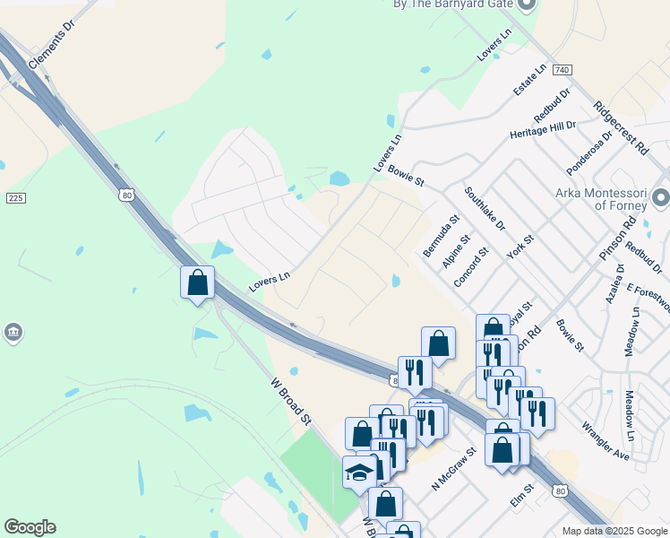 map of restaurants, bars, coffee shops, grocery stores, and more near 805 Anthem Lane in Forney