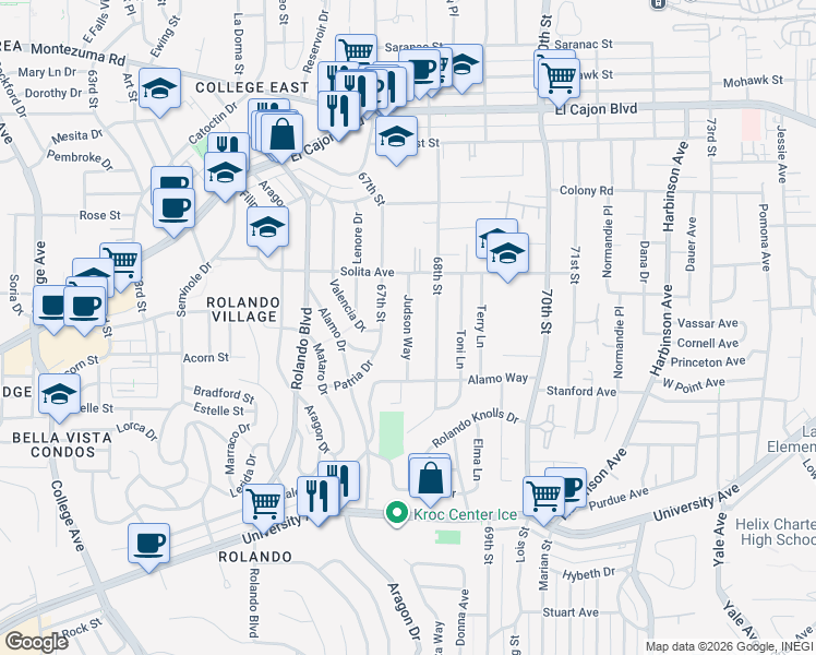 map of restaurants, bars, coffee shops, grocery stores, and more near Judson Way in La Mesa