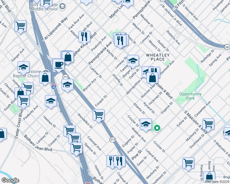 map of restaurants, bars, coffee shops, grocery stores, and more near 3611 Latimer Street in Dallas