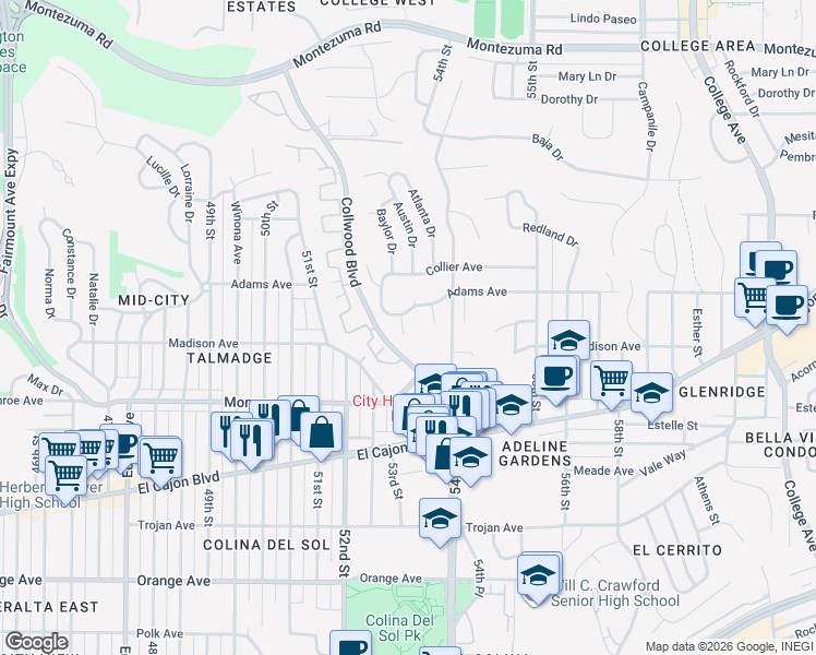 map of restaurants, bars, coffee shops, grocery stores, and more near 4633 Antioch Place in San Diego