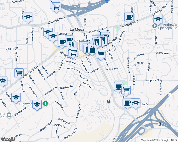 map of restaurants, bars, coffee shops, grocery stores, and more near 4541 Acacia Avenue in La Mesa
