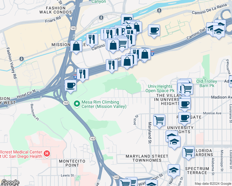 map of restaurants, bars, coffee shops, grocery stores, and more near 4625 Massachusetts Street in San Diego