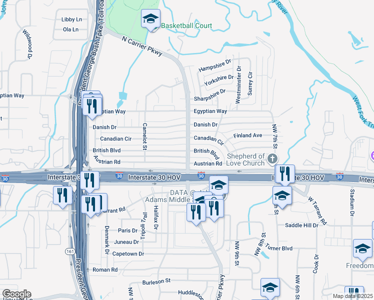 map of restaurants, bars, coffee shops, grocery stores, and more near 1517 North Carrier Parkway in Grand Prairie