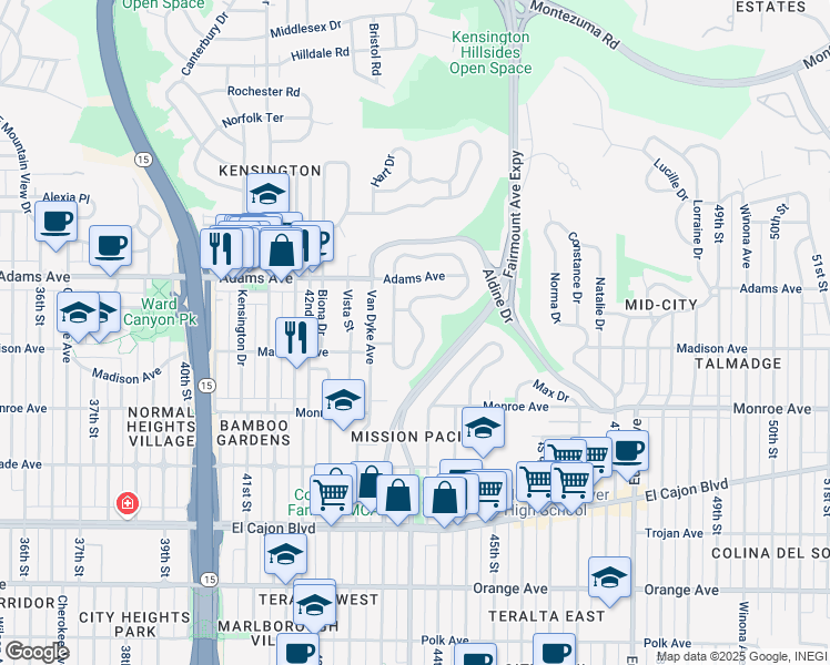map of restaurants, bars, coffee shops, grocery stores, and more near 4610 East Talmadge Drive in San Diego