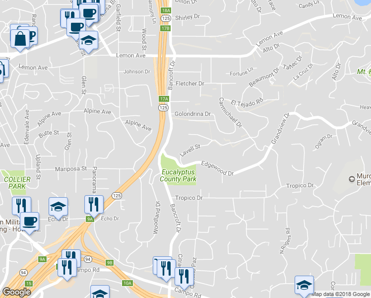 map of restaurants, bars, coffee shops, grocery stores, and more near 9184 Lavell Street in La Mesa