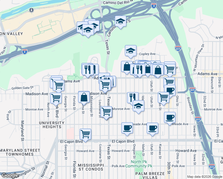map of restaurants, bars, coffee shops, grocery stores, and more near 4625 Texas Street in San Diego