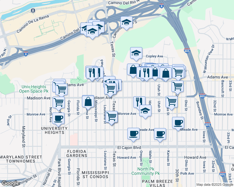 map of restaurants, bars, coffee shops, grocery stores, and more near 4632 Arizona Street in San Diego