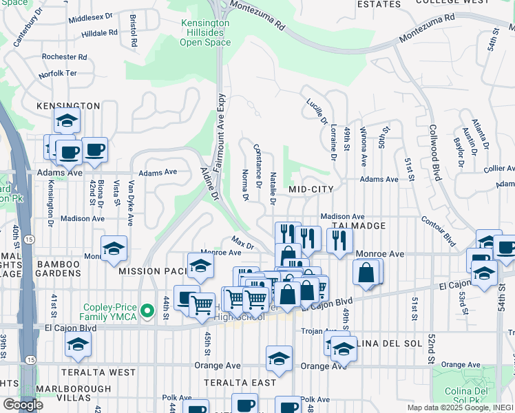 map of restaurants, bars, coffee shops, grocery stores, and more near 4614 Norma Drive in San Diego