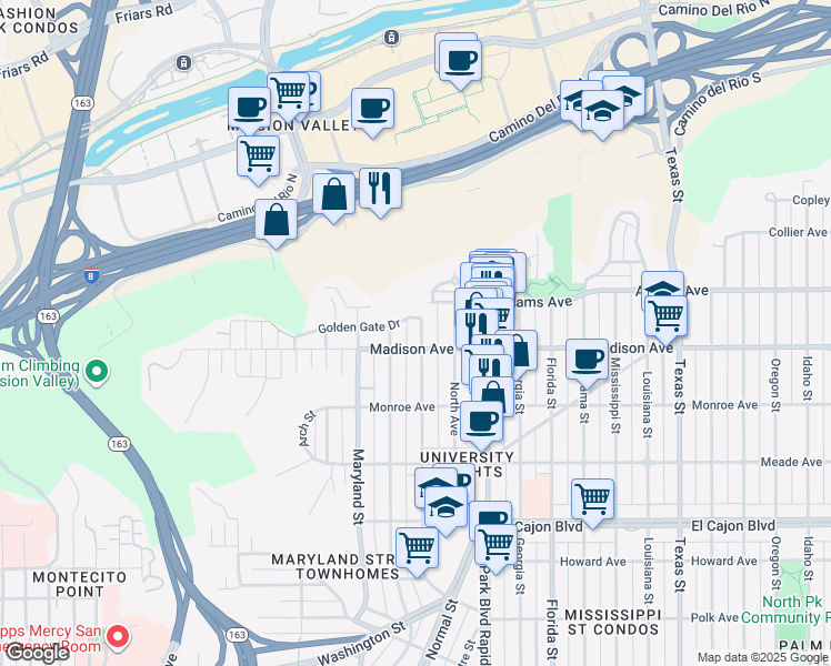 map of restaurants, bars, coffee shops, grocery stores, and more near 4619 1/2 Campus Avenue in San Diego