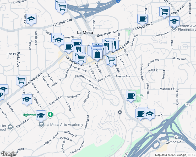 map of restaurants, bars, coffee shops, grocery stores, and more near 4541 Acacia Avenue in La Mesa