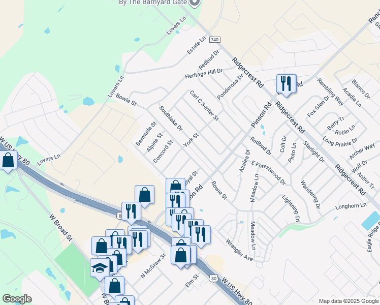 map of restaurants, bars, coffee shops, grocery stores, and more near 426 Bowie Street in Forney