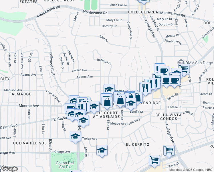 map of restaurants, bars, coffee shops, grocery stores, and more near 4626 56th Street in San Diego