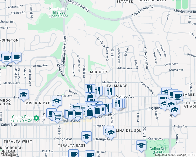 map of restaurants, bars, coffee shops, grocery stores, and more near 4621 Euclid Avenue in San Diego