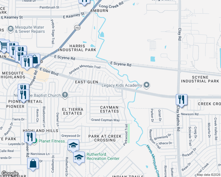 map of restaurants, bars, coffee shops, grocery stores, and more near 504 Picketts Drive in Mesquite