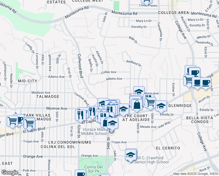 map of restaurants, bars, coffee shops, grocery stores, and more near 4612 Hinson Place in San Diego