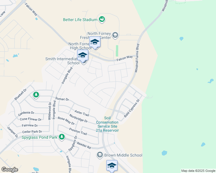 map of restaurants, bars, coffee shops, grocery stores, and more near 3125 Angus Drive in Forney