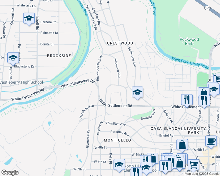 map of restaurants, bars, coffee shops, grocery stores, and more near 212 Crestwood Drive in Fort Worth