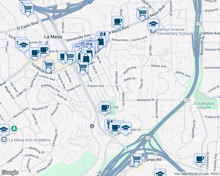 map of restaurants, bars, coffee shops, grocery stores, and more near 8417 Fresno Avenue in La Mesa