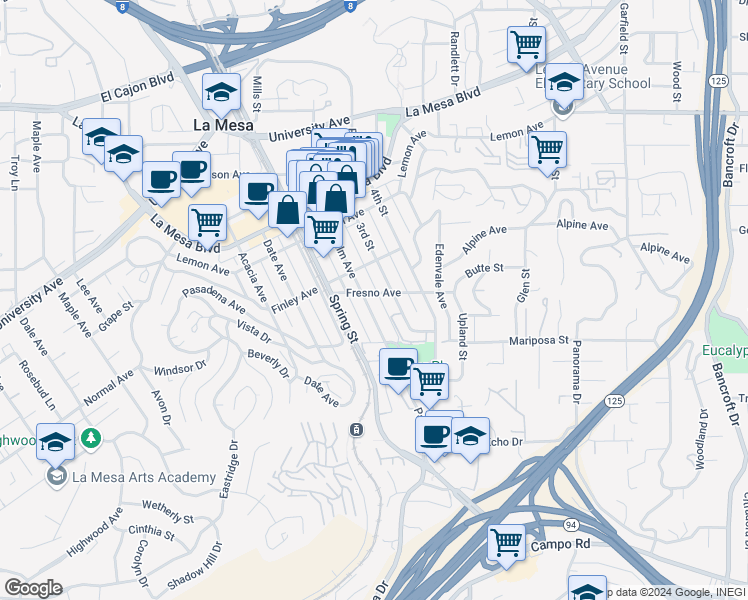 map of restaurants, bars, coffee shops, grocery stores, and more near 4545 Palm Avenue in La Mesa