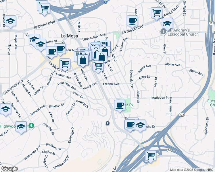 map of restaurants, bars, coffee shops, grocery stores, and more near 4551 Spring Street in La Mesa