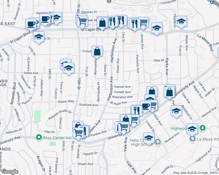 map of restaurants, bars, coffee shops, grocery stores, and more near 4551 Harbinson Avenue in La Mesa