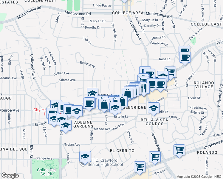 map of restaurants, bars, coffee shops, grocery stores, and more near 4634 Alice Street in San Diego