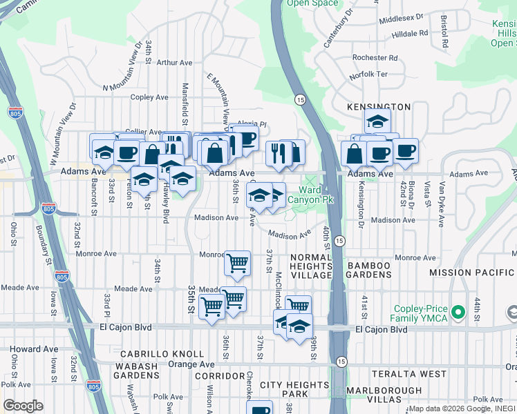 map of restaurants, bars, coffee shops, grocery stores, and more near 4609 East Mountain View Drive in San Diego