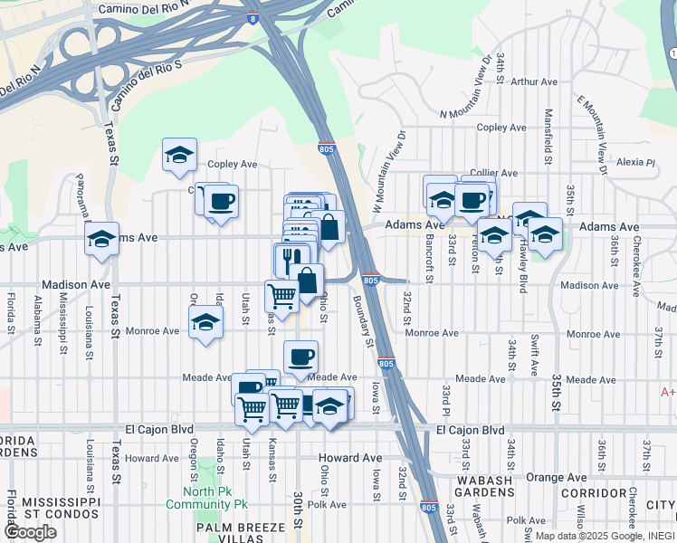 map of restaurants, bars, coffee shops, grocery stores, and more near 4630a Ohio Street in San Diego