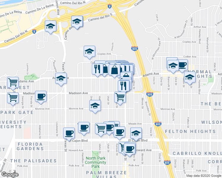 map of restaurants, bars, coffee shops, grocery stores, and more near 4602 Kansas Street in San Diego