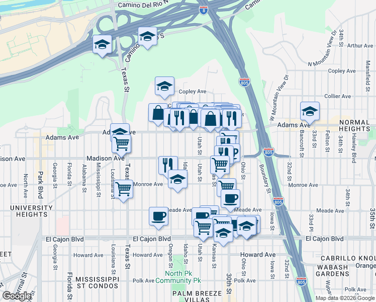 map of restaurants, bars, coffee shops, grocery stores, and more near 4623 Idaho Street in San Diego