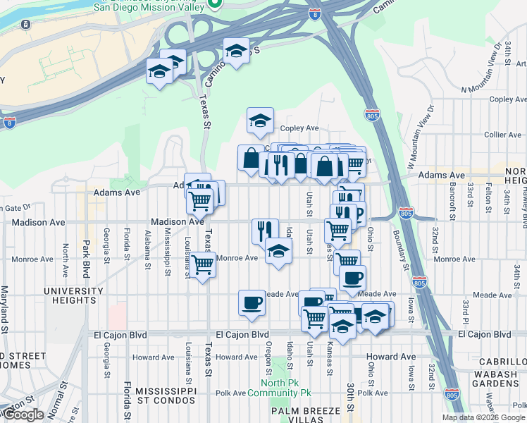map of restaurants, bars, coffee shops, grocery stores, and more near 2716 Madison Avenue in San Diego