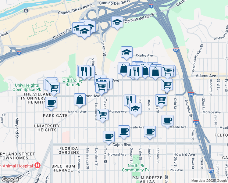 map of restaurants, bars, coffee shops, grocery stores, and more near 4632 Arizona Street in San Diego
