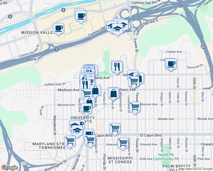 map of restaurants, bars, coffee shops, grocery stores, and more near 4619 Georgia Street in San Diego