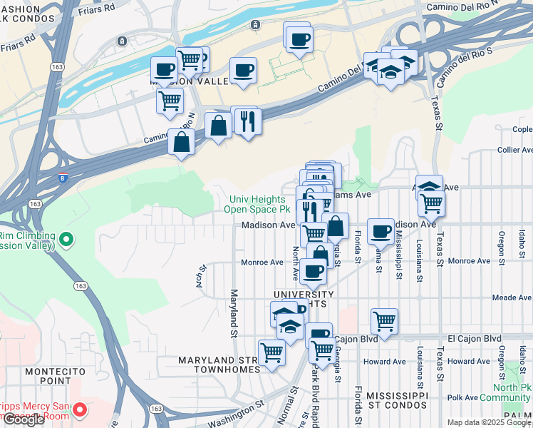 map of restaurants, bars, coffee shops, grocery stores, and more near 4627 Cleveland Avenue in San Diego