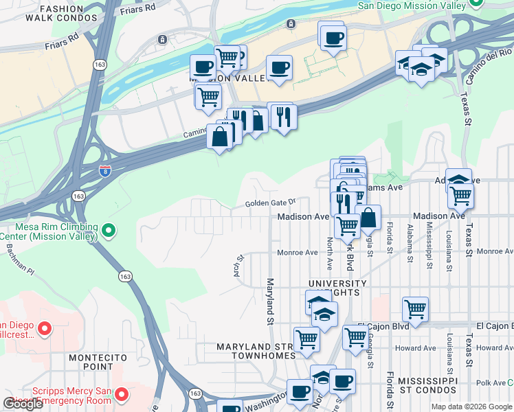 map of restaurants, bars, coffee shops, grocery stores, and more near 1245 Golden Gate Drive in San Diego
