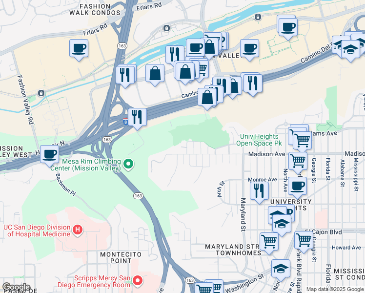 map of restaurants, bars, coffee shops, grocery stores, and more near 4625 Massachusetts Street in San Diego