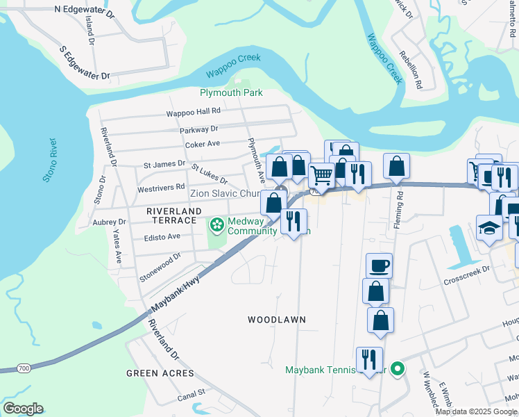 map of restaurants, bars, coffee shops, grocery stores, and more near 2038 Medway Road in Charleston