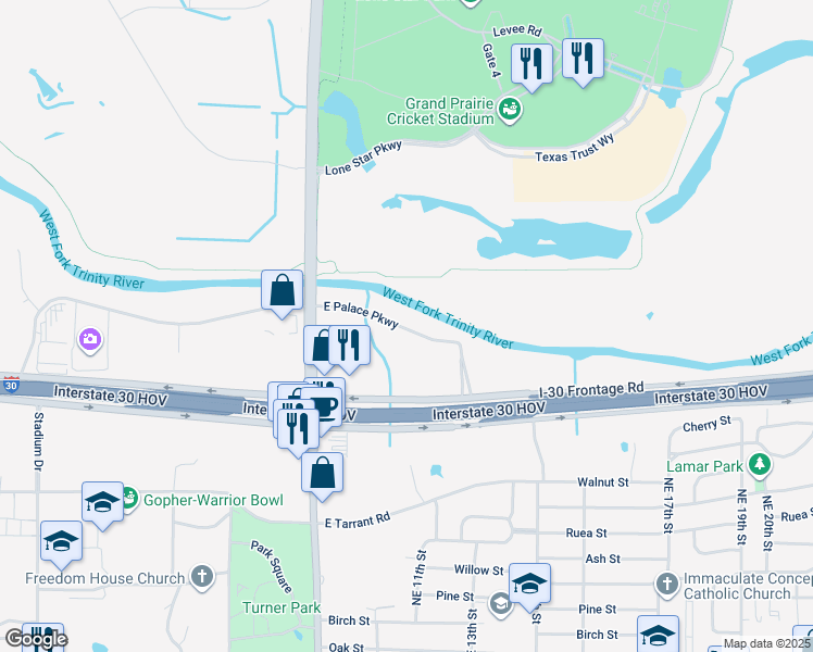 map of restaurants, bars, coffee shops, grocery stores, and more near 899 North Belt Line Road in Grand Prairie