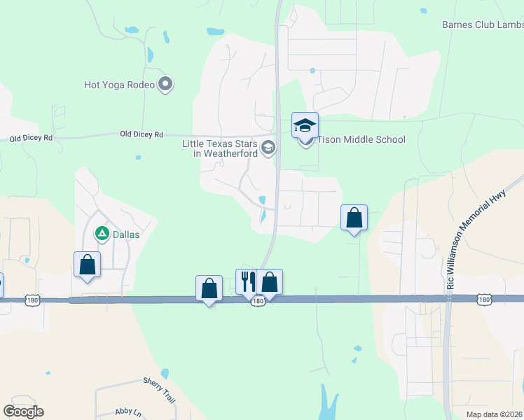 map of restaurants, bars, coffee shops, grocery stores, and more near 109 Kari Linda Court in Weatherford