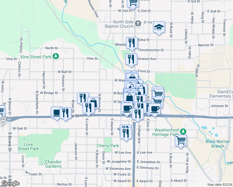 map of restaurants, bars, coffee shops, grocery stores, and more near 209 West Bridge Street in Weatherford