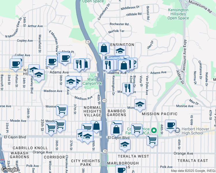 map of restaurants, bars, coffee shops, grocery stores, and more near 4623 Terrace Drive in San Diego