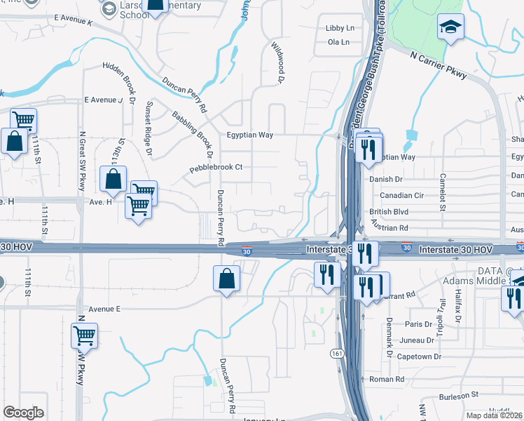 map of restaurants, bars, coffee shops, grocery stores, and more near 2319 Avenue H East in Grand Prairie