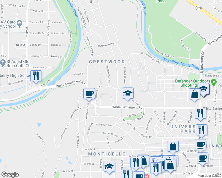 map of restaurants, bars, coffee shops, grocery stores, and more near 3805 Crestwood Terrace in Fort Worth