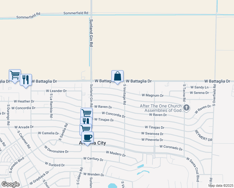 map of restaurants, bars, coffee shops, grocery stores, and more near 9290 West Troy Drive in Arizona City