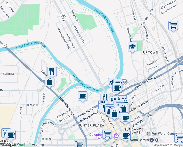 map of restaurants, bars, coffee shops, grocery stores, and more near 400 North Main Street in Fort Worth