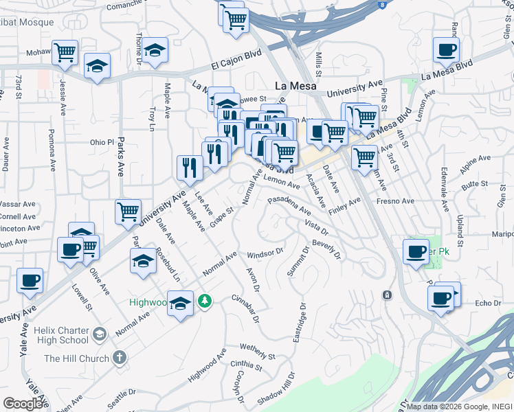 map of restaurants, bars, coffee shops, grocery stores, and more near 4535 Westview Drive in La Mesa